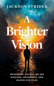 Book cover of "A Brighter Vision" by Jackson Strider, featuring a person looking at a vibrant sunset.