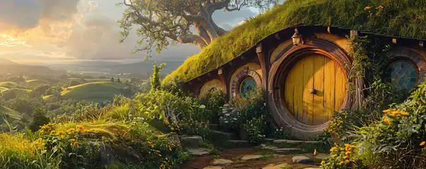 Hobbit house nestled in vibrant greenery with a round door and garden, set in a scenic landscape at.
