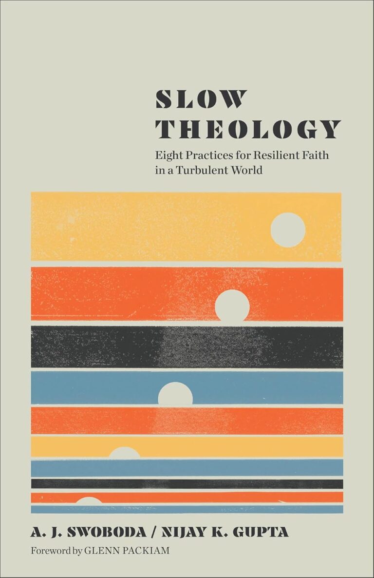 Book cover of Slow Theology with colorful abstract design and white circles.