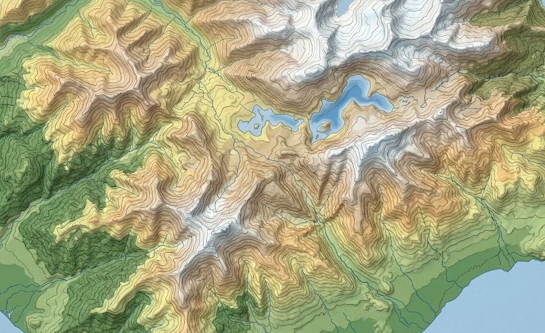 High-altitude topographic map of a mountainous region with lakes and valleys.
