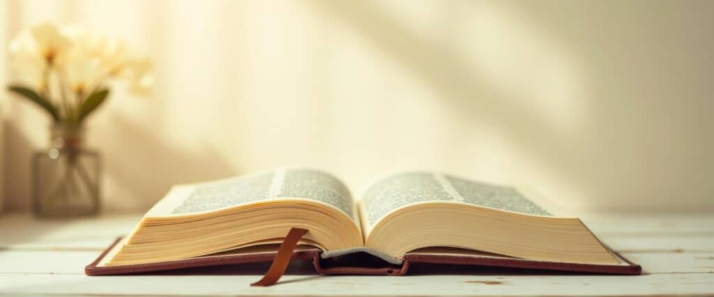 Open Bible on a wooden table with a flower vase in the background.