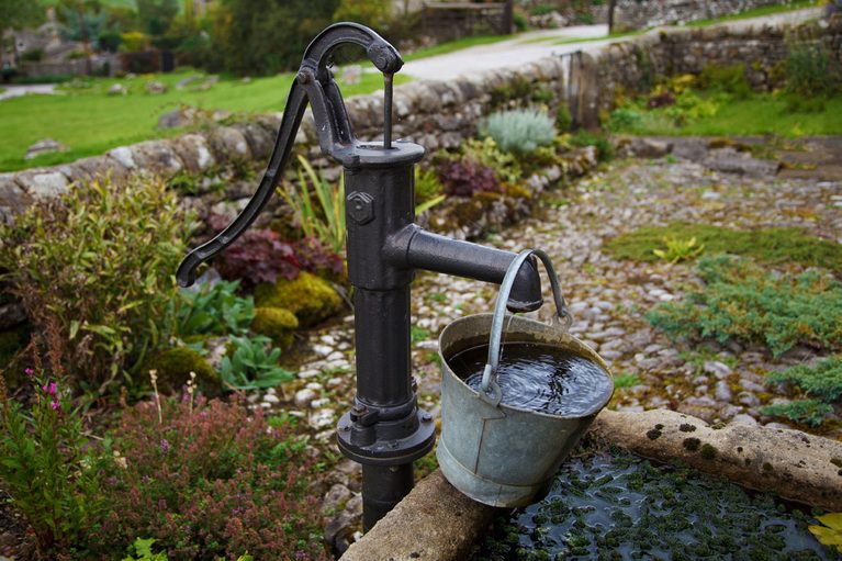 Vintage water pump with bucket in a lush garden setting.