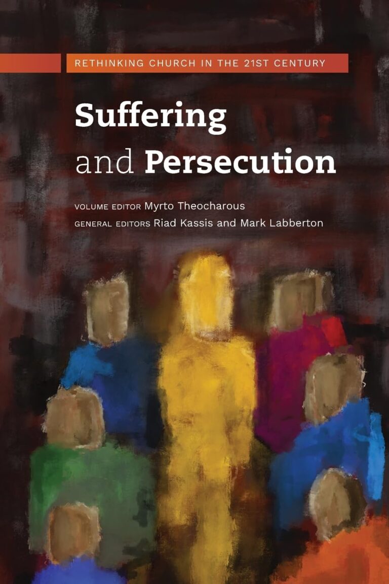 Book cover for 'Suffering and Persecution' with abstract figures in vibrant colors.
